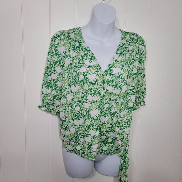 INC Faux Wrap Top Womens Size Medium Green White Side Tie - Picture 2 of 8